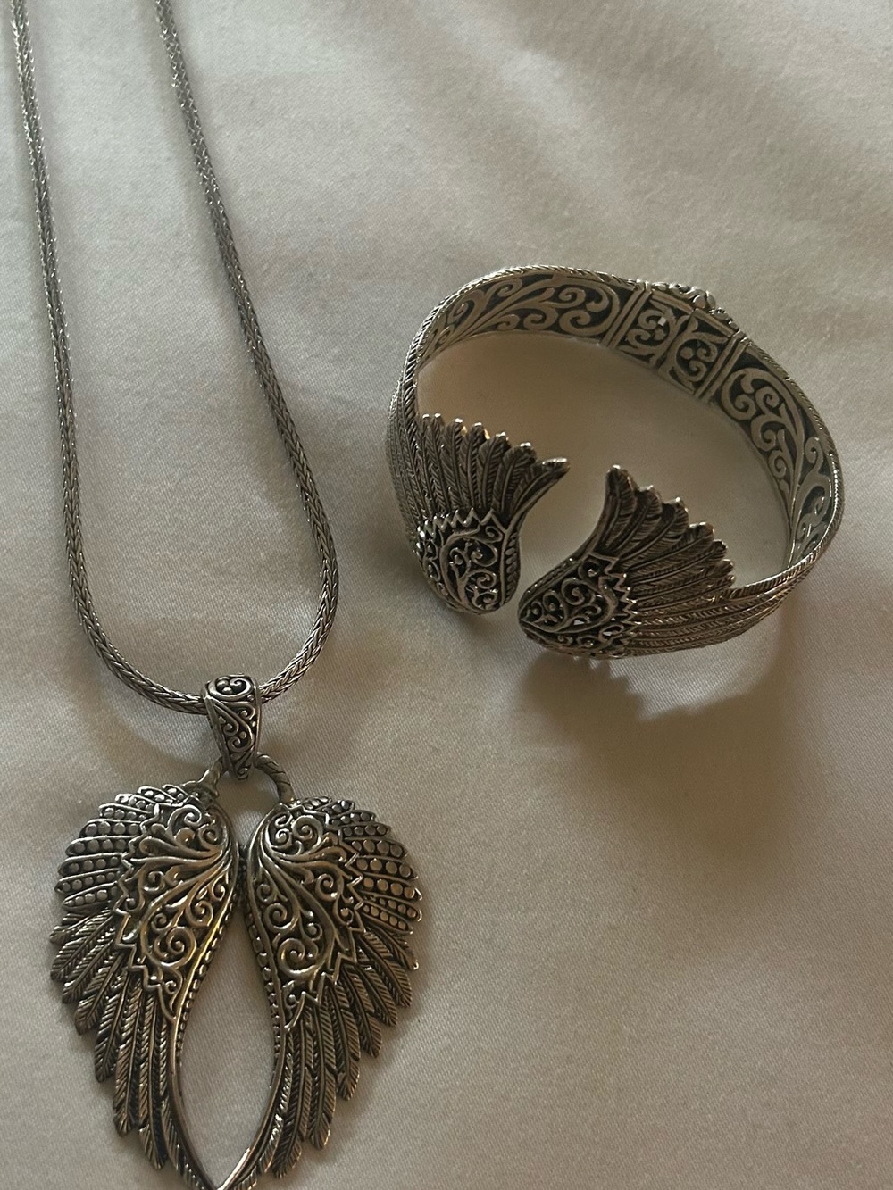 Silver-Tone Wing Pendant Necklace in Silver with Matching Cuff Bracelet